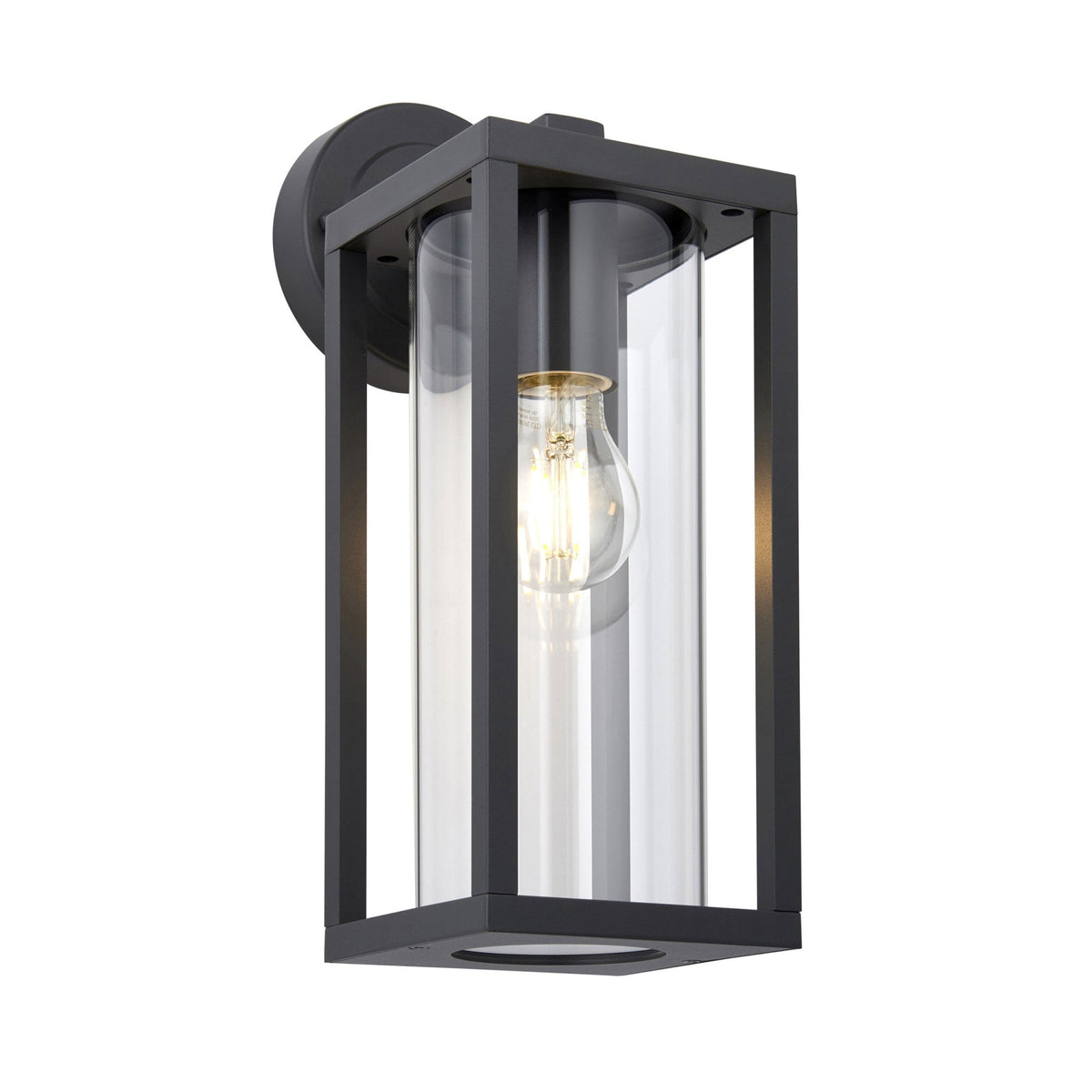 Black outdoor wall light with clear glass panels and an exposed filament bulb on a white background.