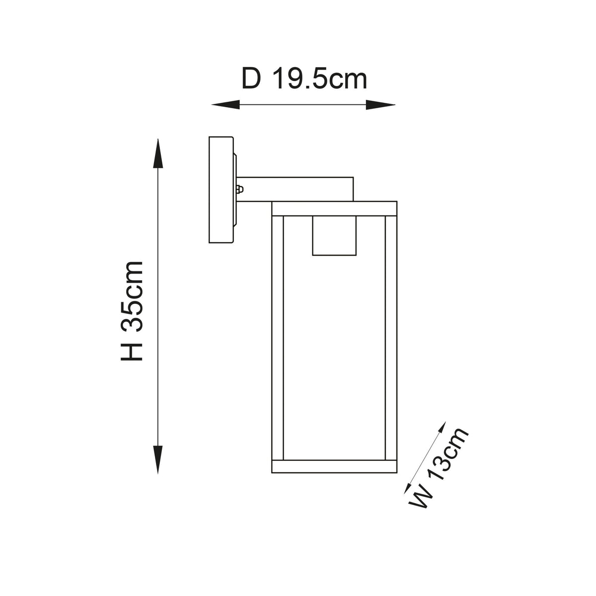 Line drawing of the outdoor wall light with dimensions: H 35cm, D 19.5cm, W 13cm.