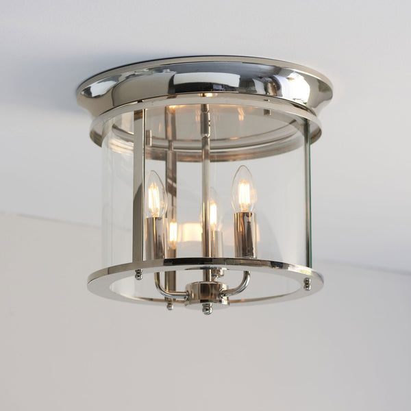 Hampworth Flush Ceiling Light in Nickel with Clear Glass Shade
