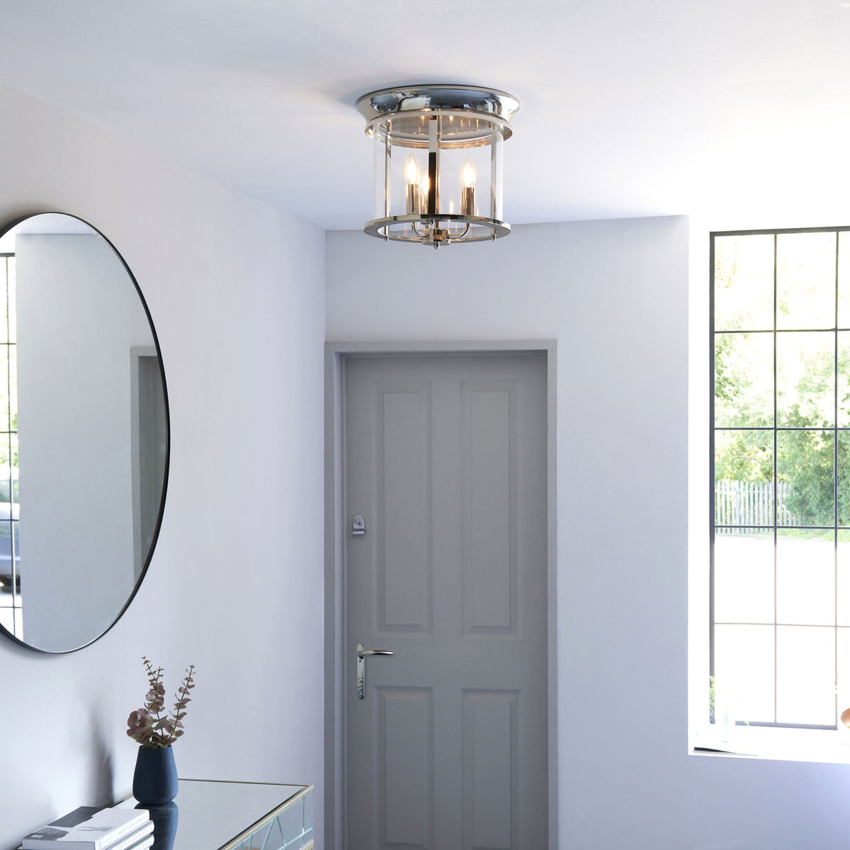 Hampworth Flush Ceiling Light in Nickel with Clear Glass Shade