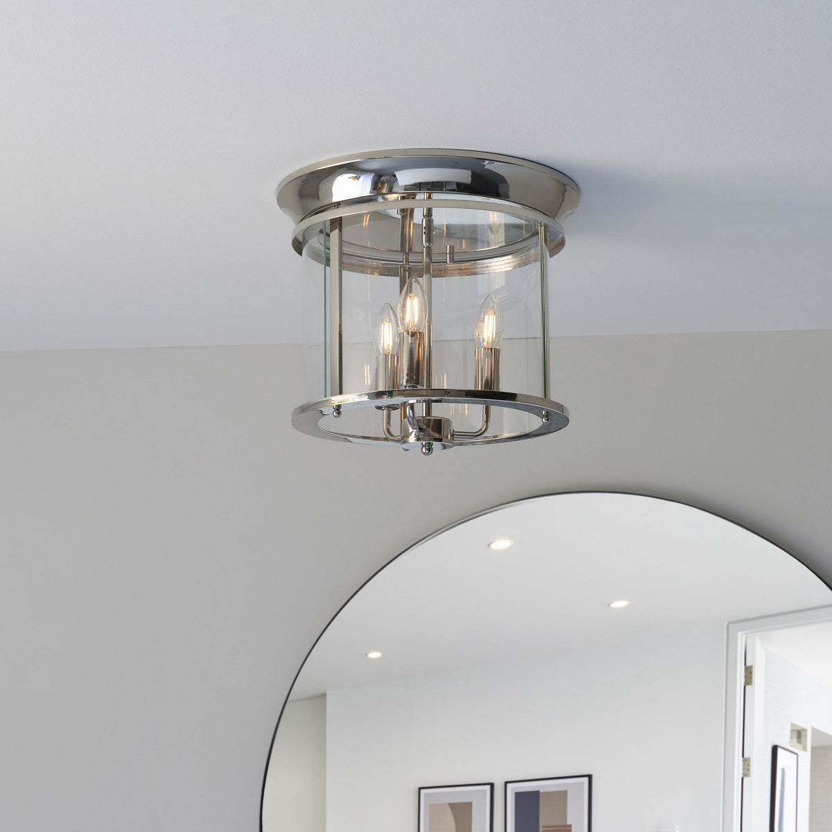 Hampworth Flush Ceiling Light in Nickel with Clear Glass Shade