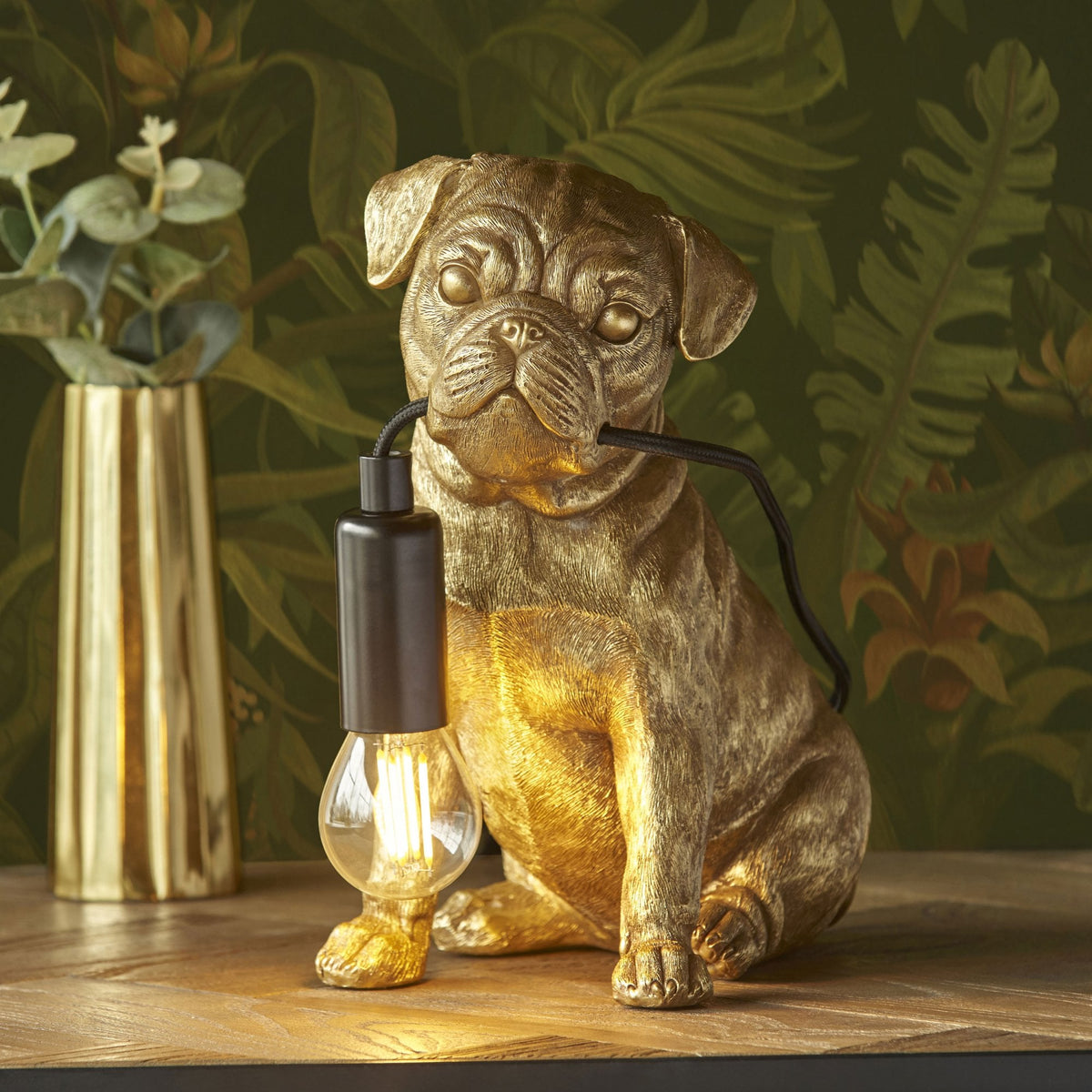 Pug Puppy Table Lamp in a Vintage Gold Finish