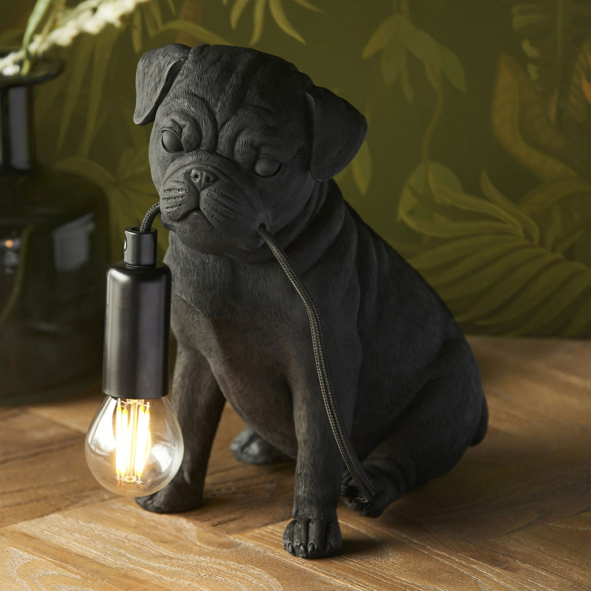 Pug Puppy Table Lamp in a Matt Black Finish