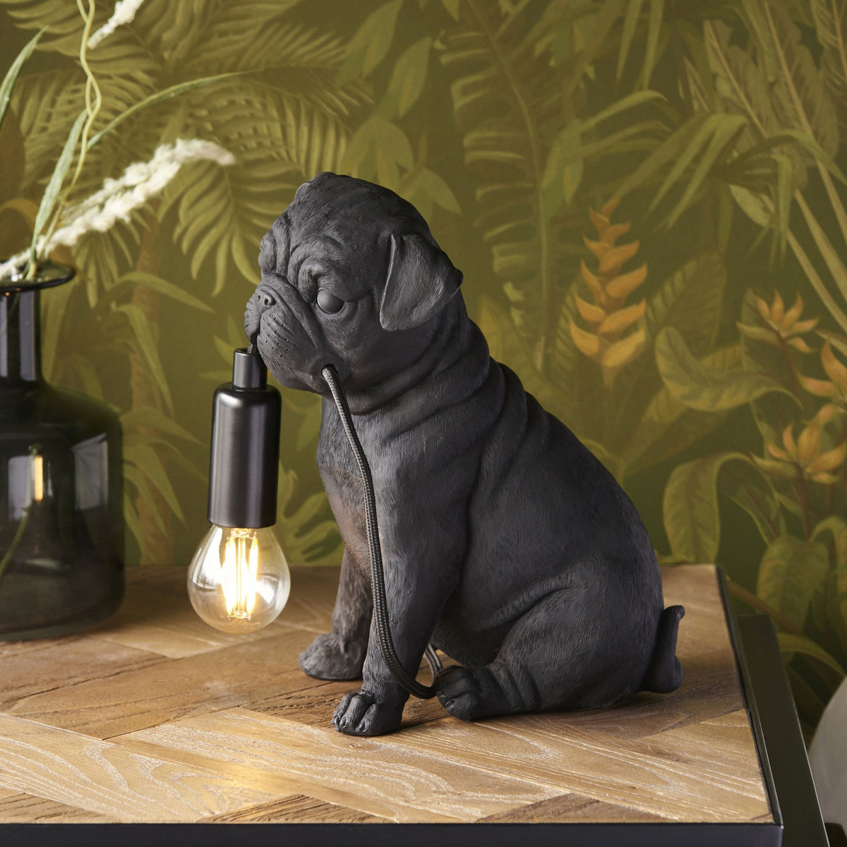 Pug Puppy Table Lamp in a Matt Black Finish