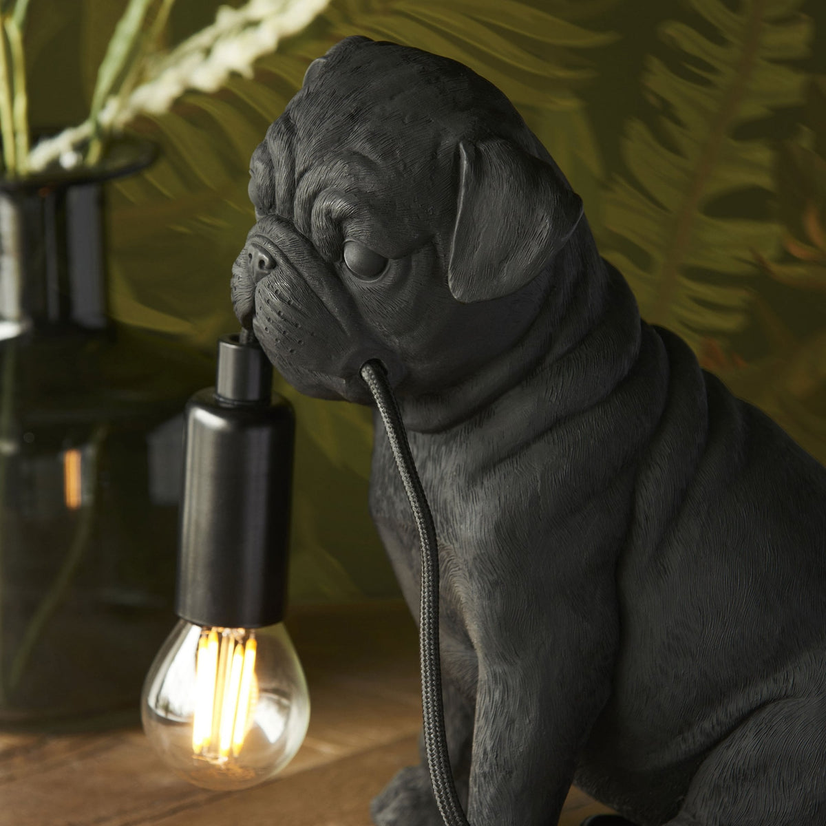 Pug Puppy Table Lamp in a Matt Black Finish