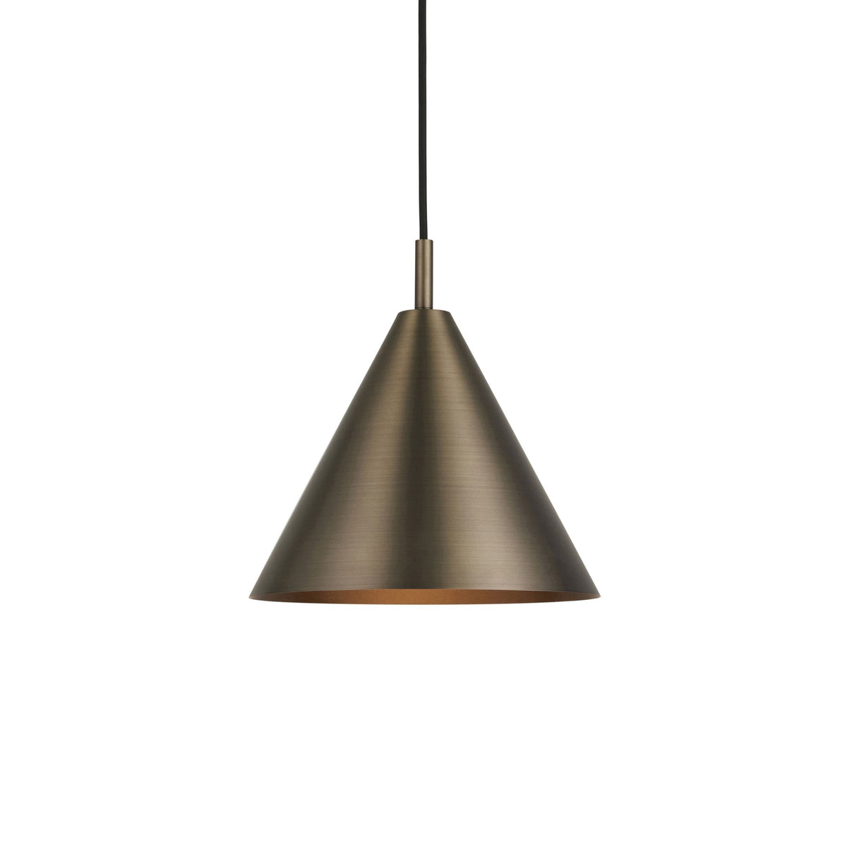 A dark bronze conical pendant light with a warm glow from its interior on a white background.