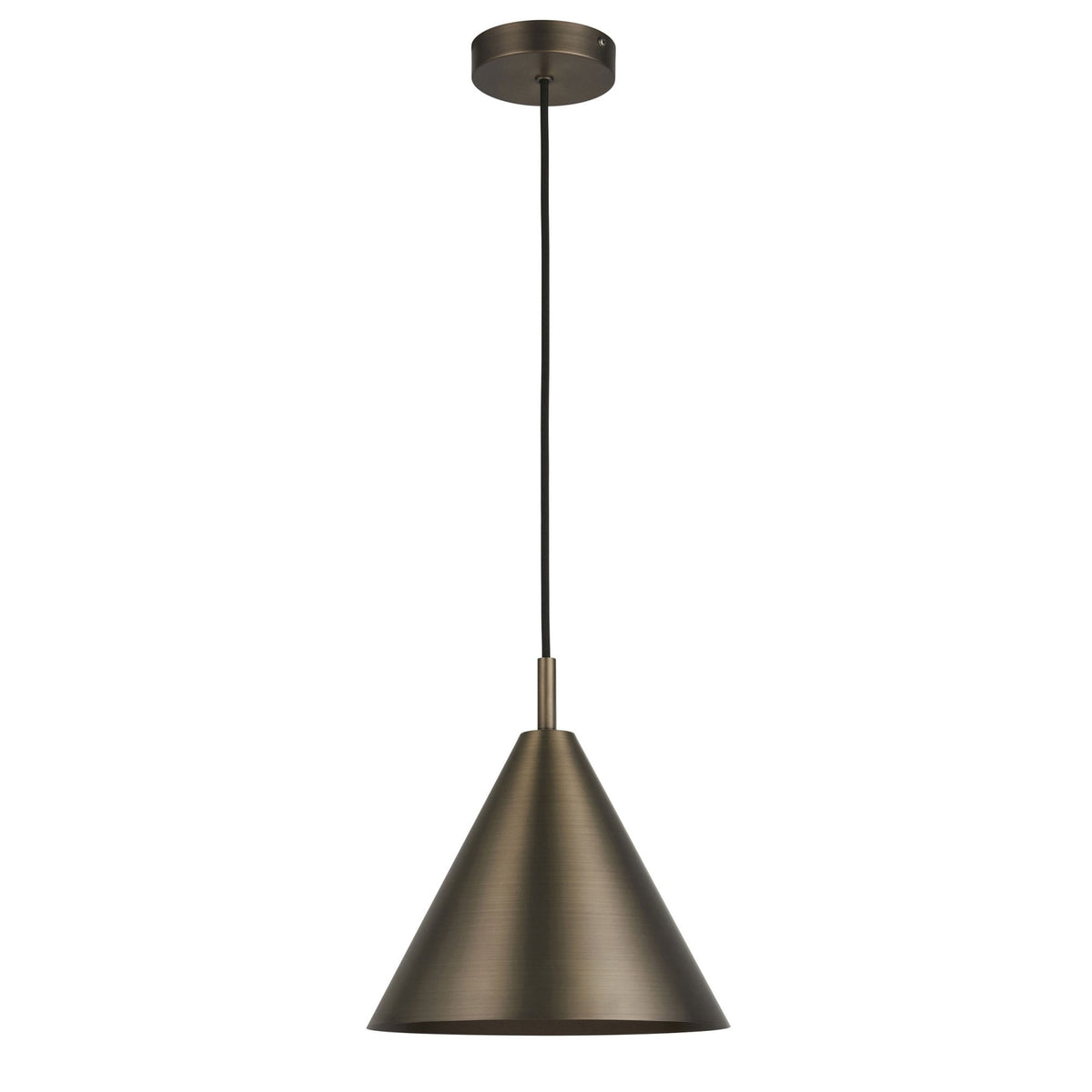 A full view of a dark bronze conical pendant light with a black cord and ceiling mount on white.