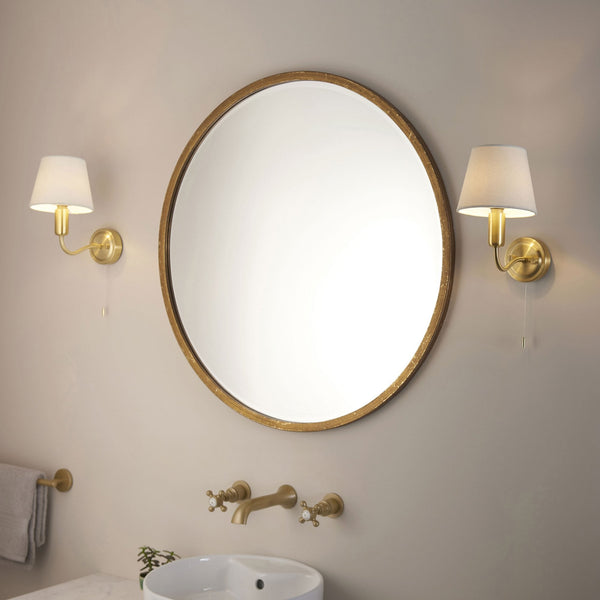 Conway Switched IP44 Bathroom Wall Light in Satin Brass with Ivory Fabric Shade