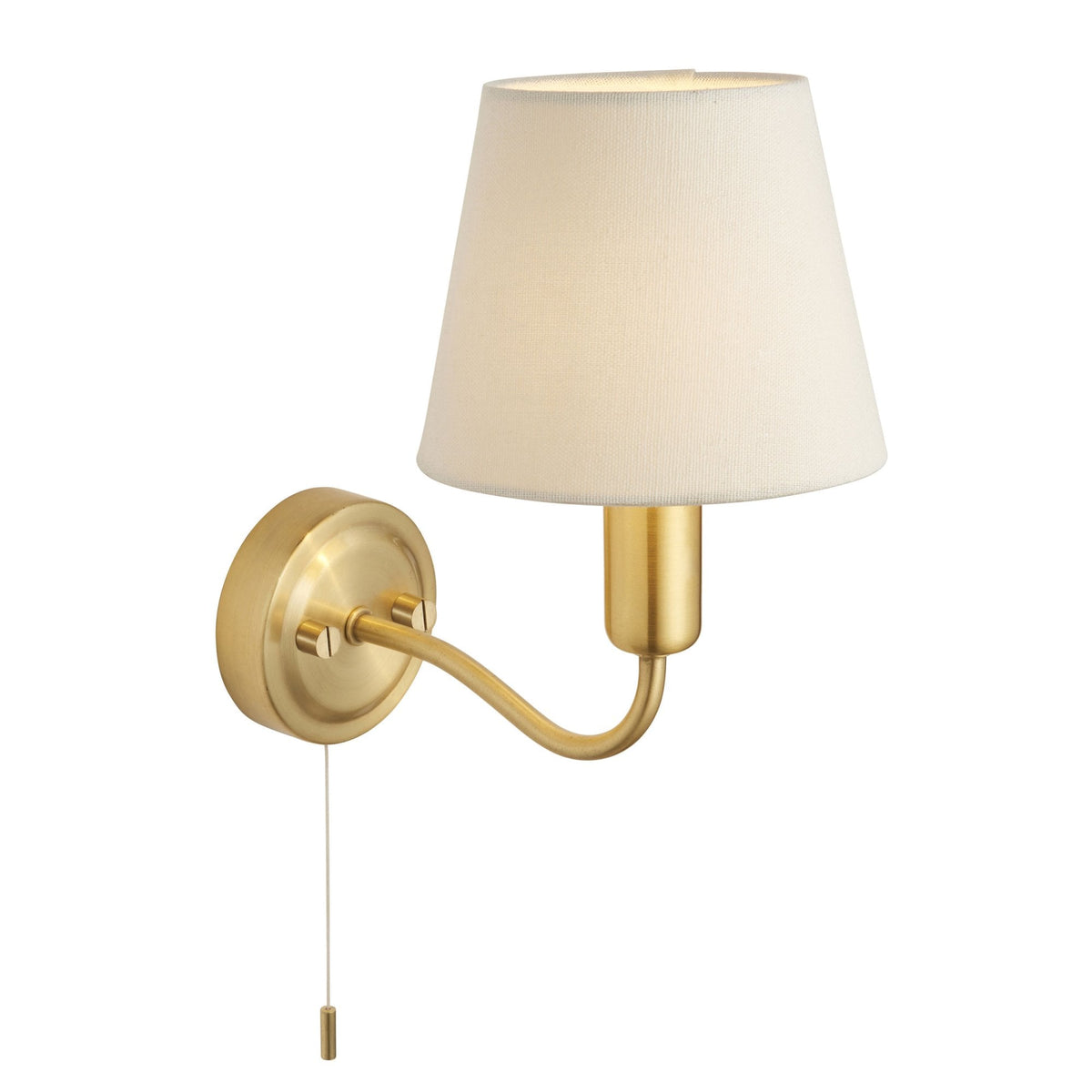 Conway Switched IP44 Bathroom Wall Light in Satin Brass with Ivory Fabric Shade