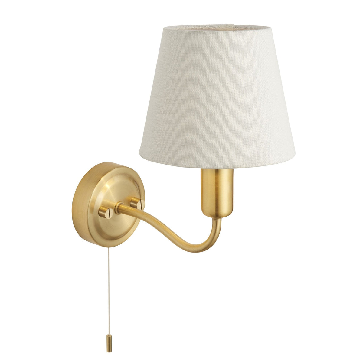 Conway Switched IP44 Bathroom Wall Light in Satin Brass with Ivory Fabric Shade