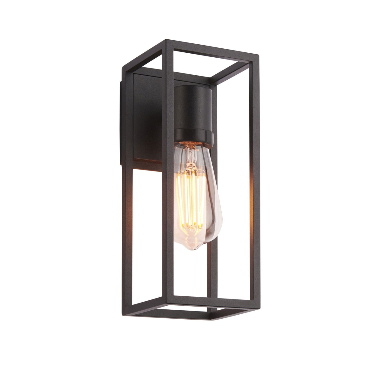 Black framed wall light with an exposed filament bulb on a white background.