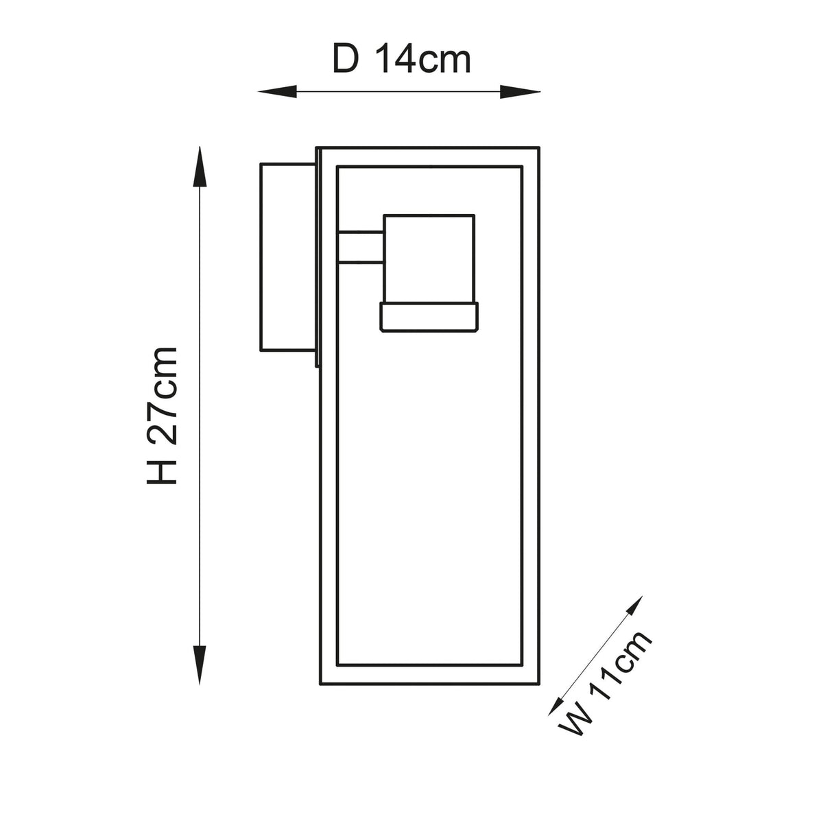 Line drawing of a rectangular wall light with dimensions: H 27cm, D 14cm, W 11cm.