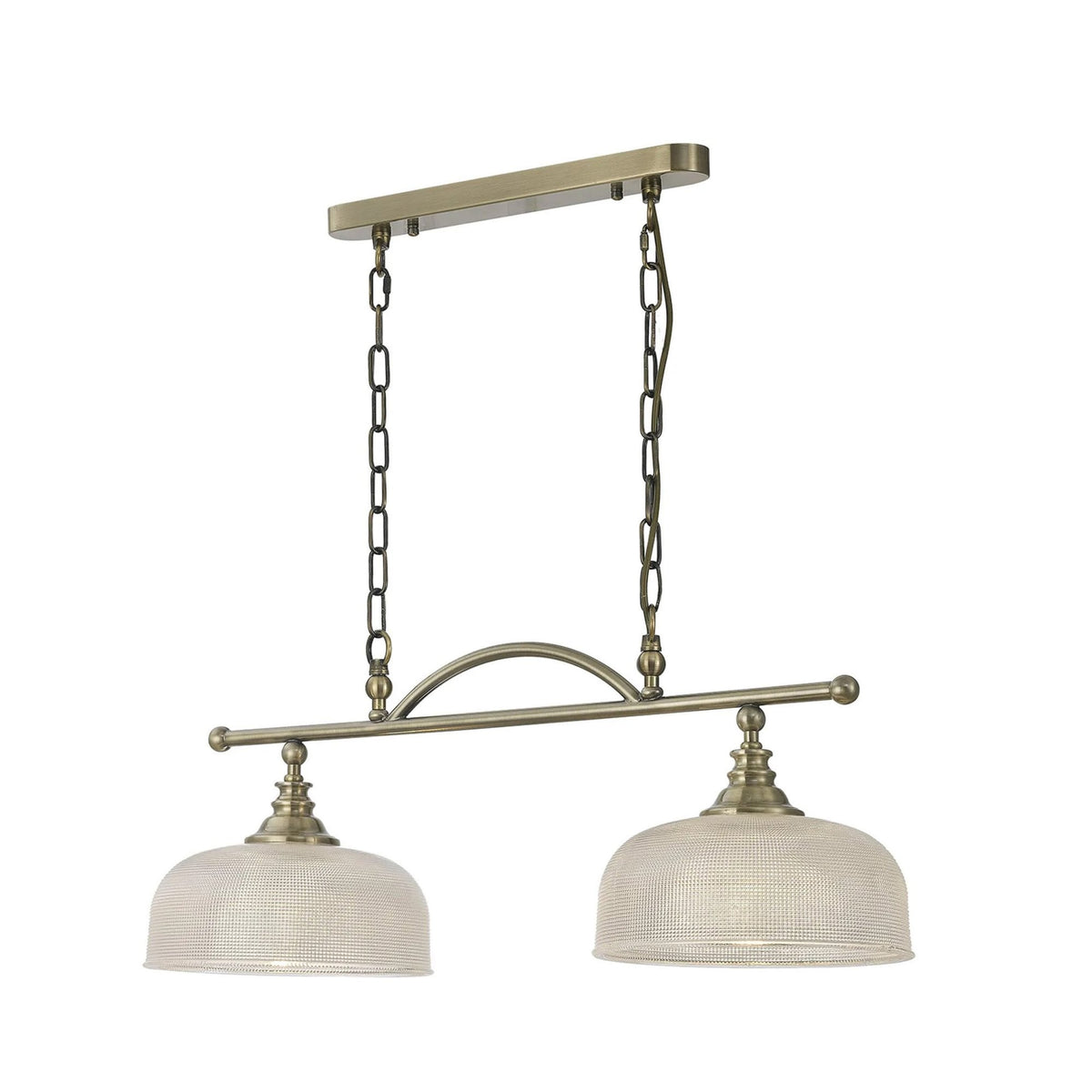 Stowford Two Light Pendant In Antique Brass & Clear Prismatic Glass