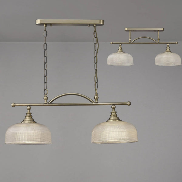 Stowford Two Light Pendant In Antique Brass & Clear Prismatic Glass