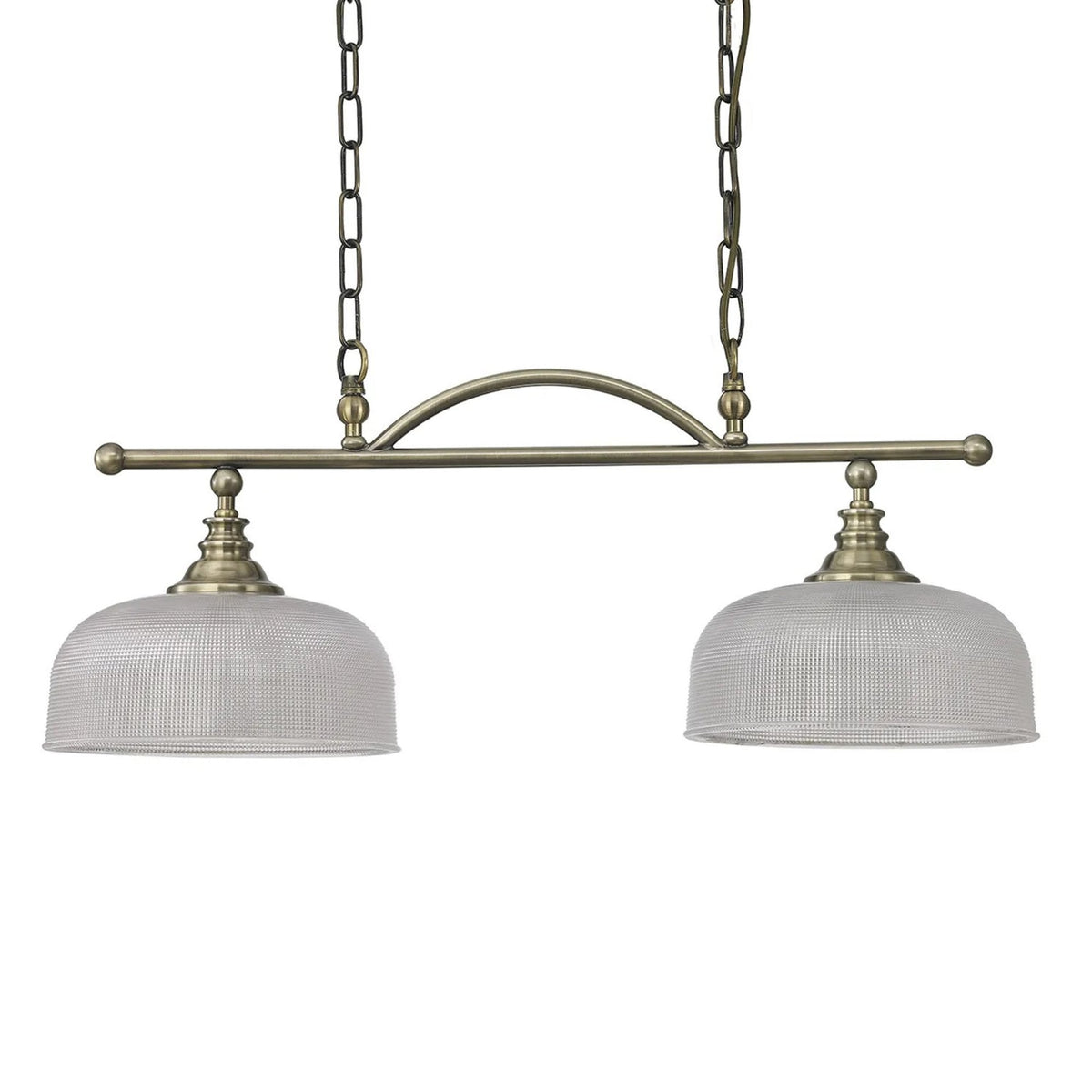 Stowford Two Light Pendant In Antique Brass & Clear Prismatic Glass