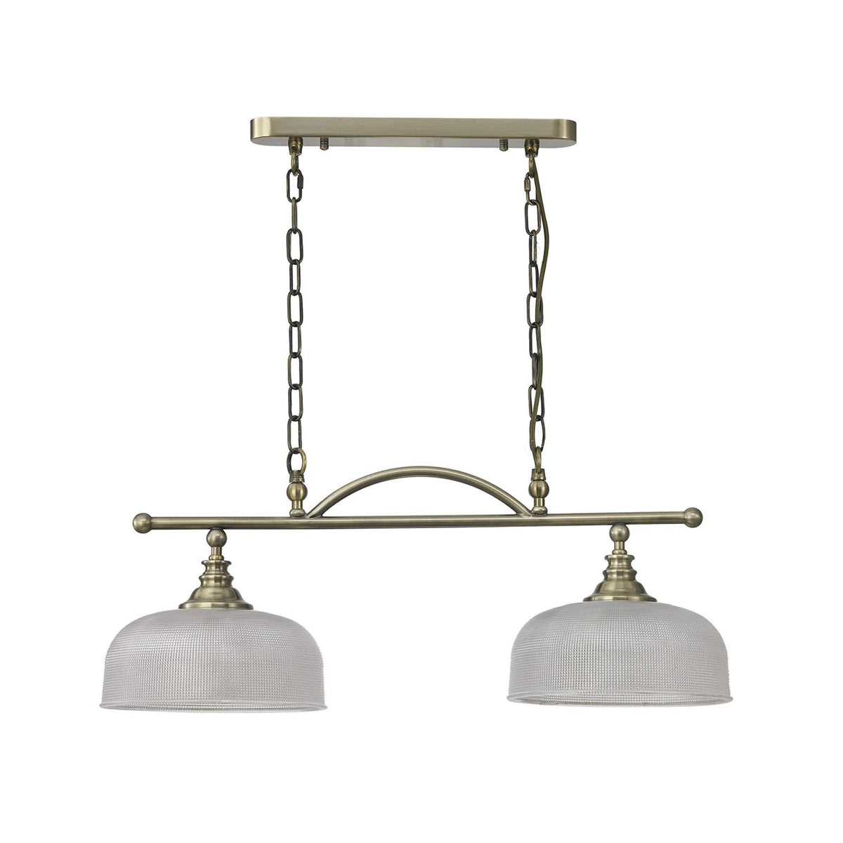 Stowford Two Light Pendant In Antique Brass & Clear Prismatic Glass