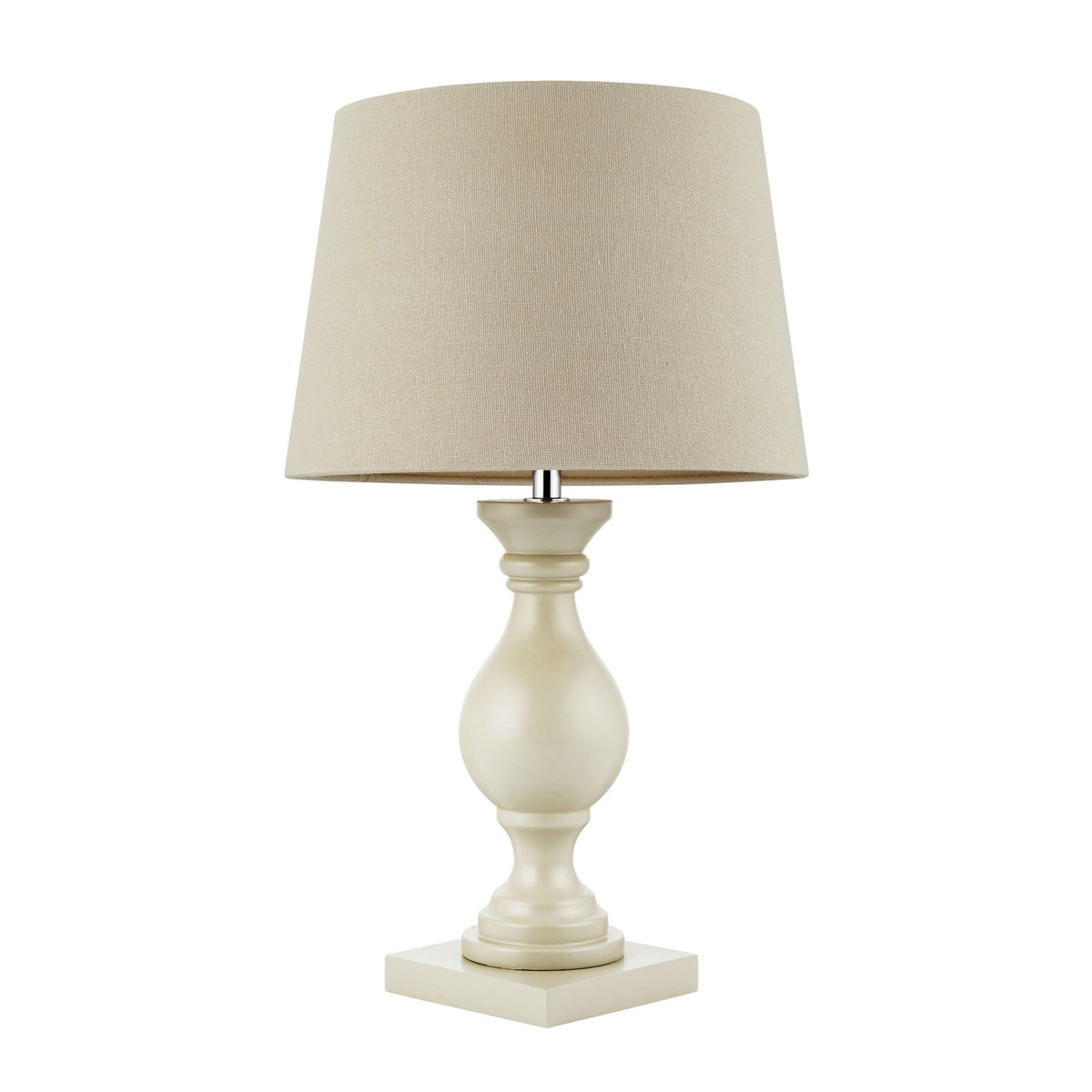Cream table lamp with a linen shade on a white background.