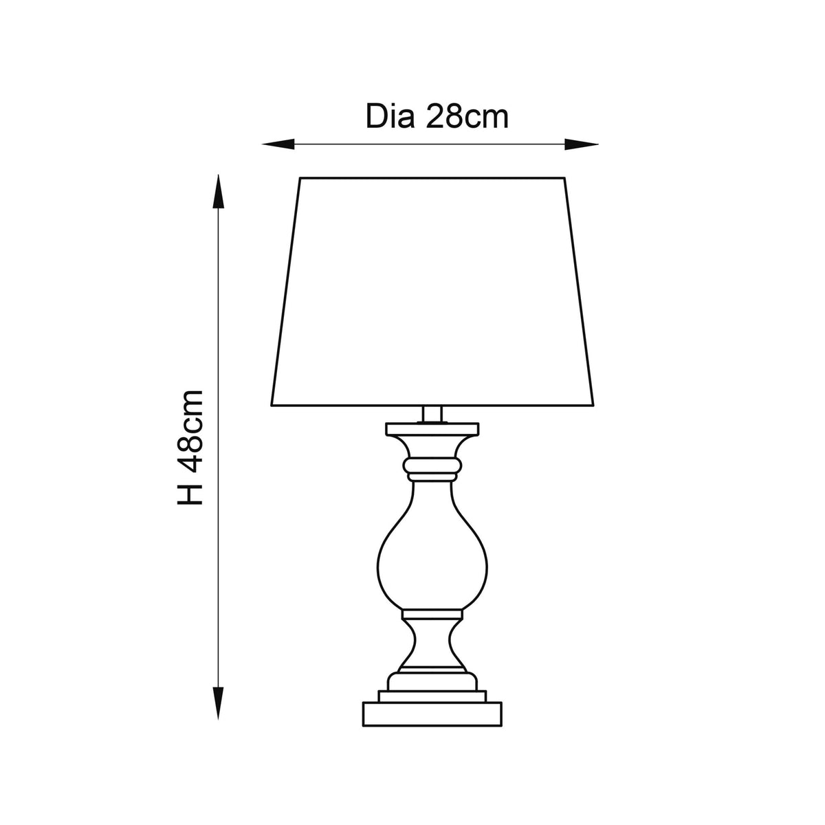 Line drawing of the table lamp with dimensions: height 48cm, diameter 28cm.