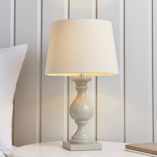 Marsham Wooden Table Lamp Finished in Taupe with Ivory Linen Shade