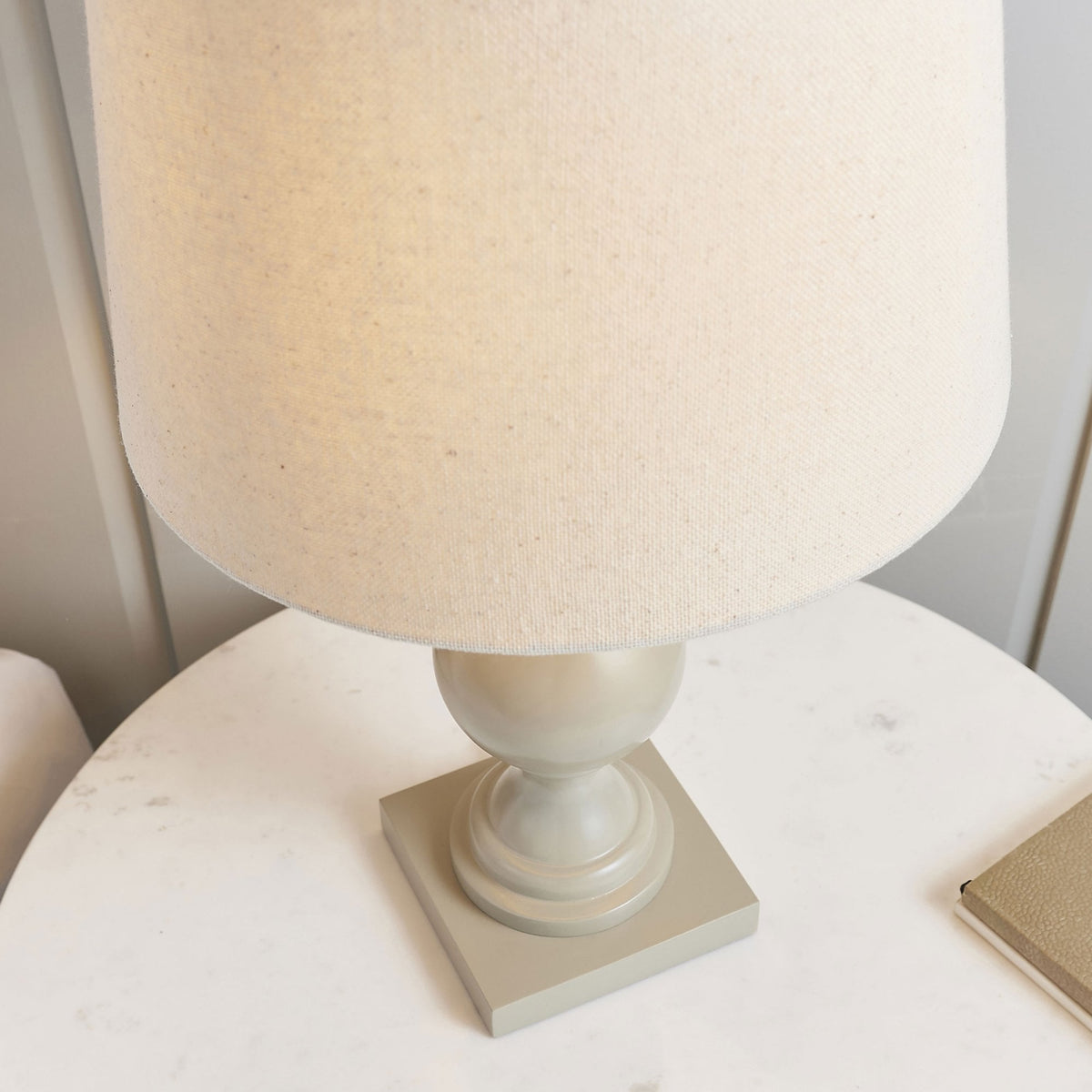 Marsham Wooden Table Lamp Finished in Taupe with Ivory Linen Shade