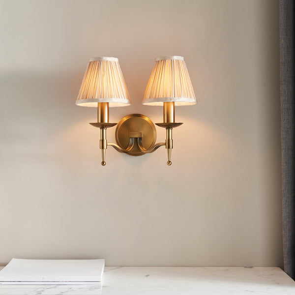 Stanford Twin Wall Light In Antique Brass With Beige Fabric Shade
