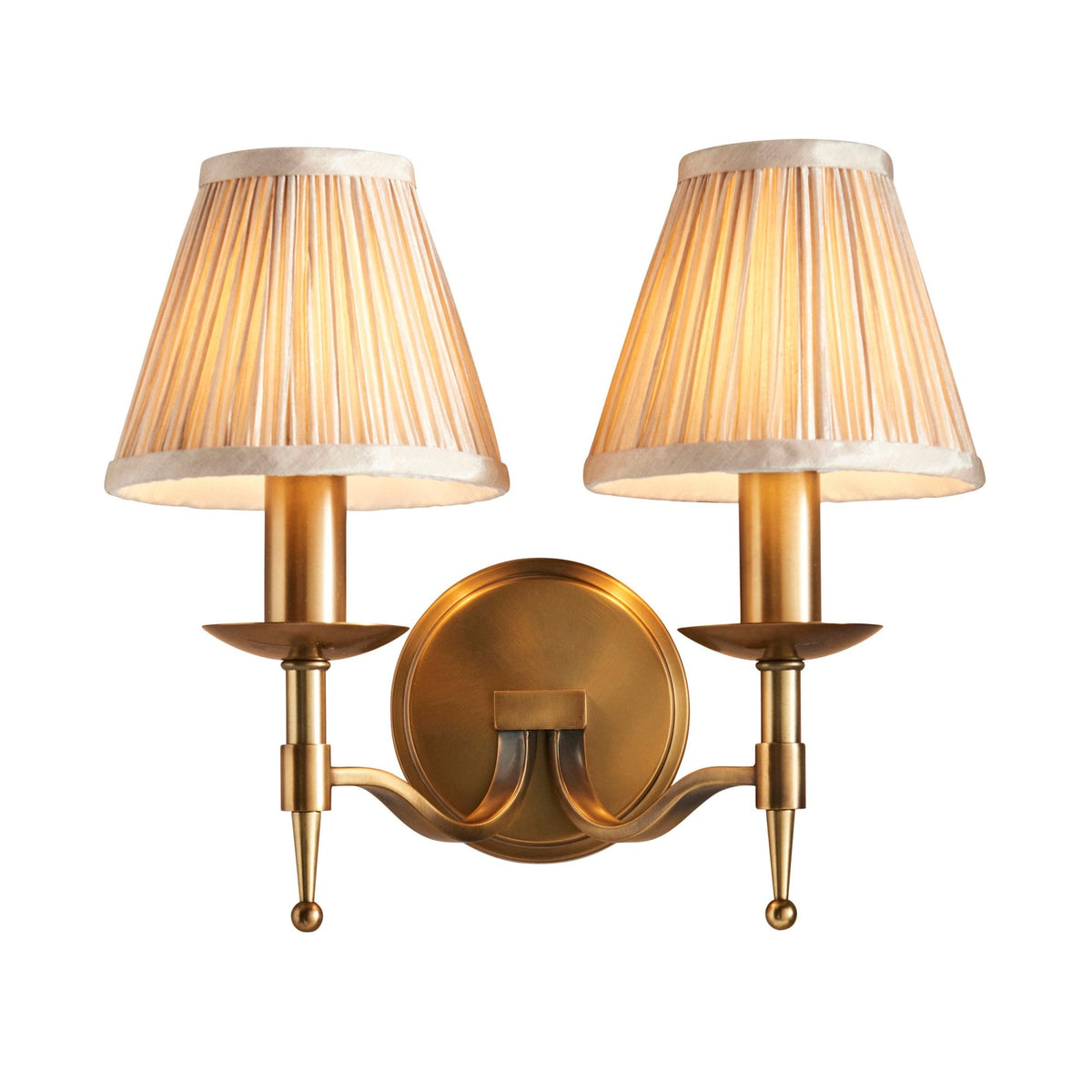 Stanford Twin Wall Light In Antique Brass With Beige Fabric Shade