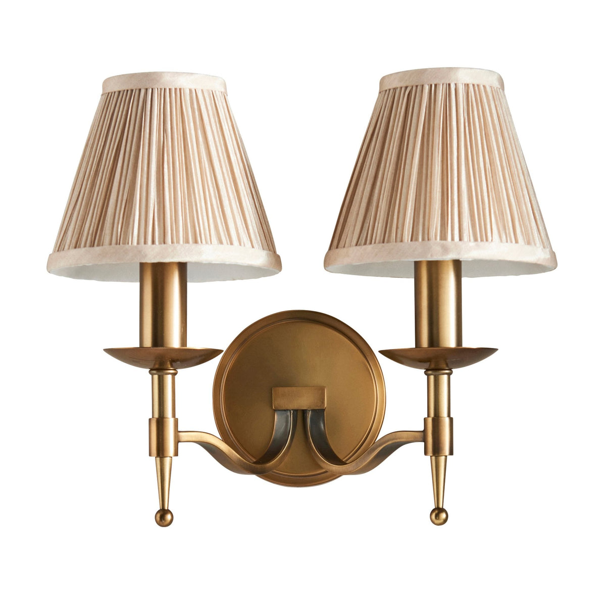 Stanford Twin Wall Light In Antique Brass With Beige Fabric Shade