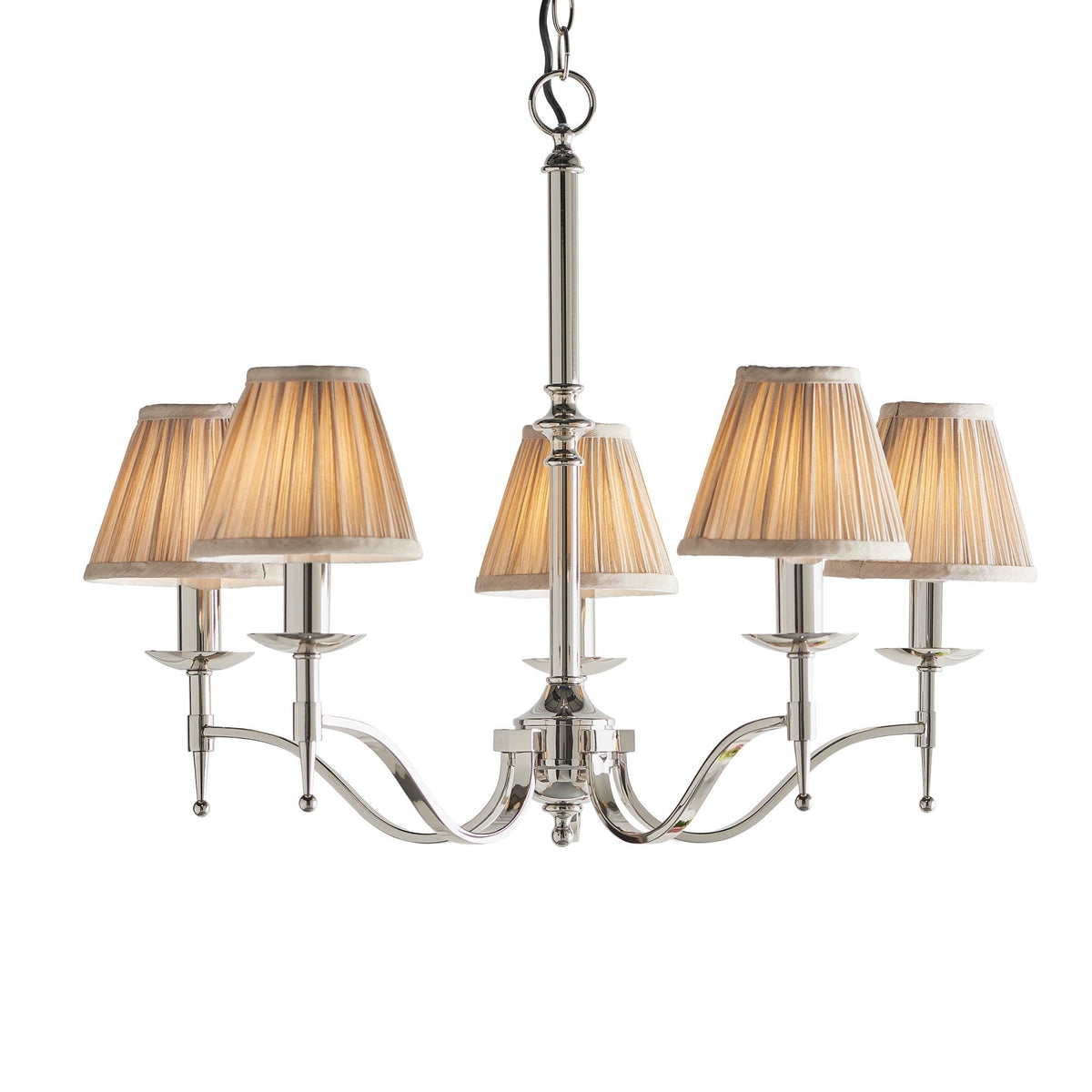 Stanford Five Light Pendant In Polished Nickel With Beige Fabric Shades