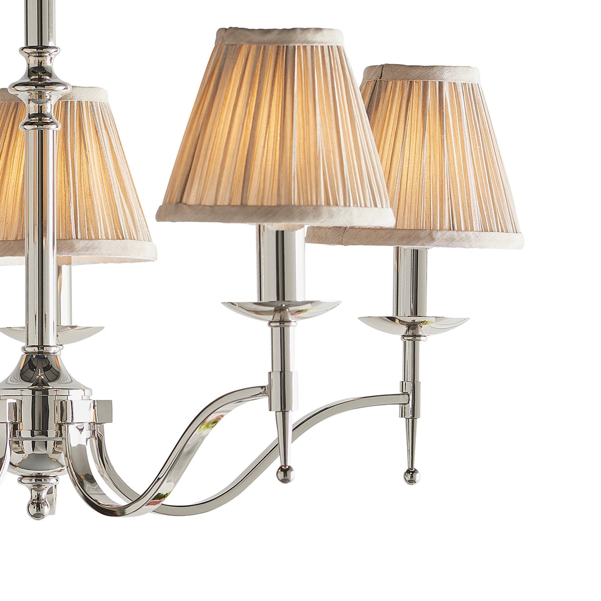 Stanford Five Light Pendant In Polished Nickel With Beige Fabric Shades