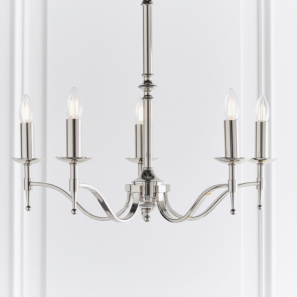 Stanford Five Light Pendant In Polished Nickel With Beige Fabric Shades