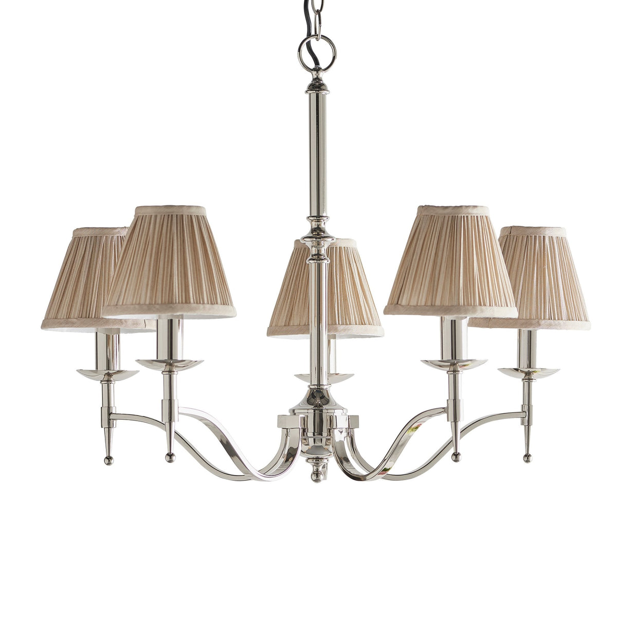 Stanford Five Light Pendant In Polished Nickel With Beige Fabric Shades