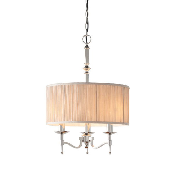 A beige chandelier with three exposed bulbs hangs against a white background.