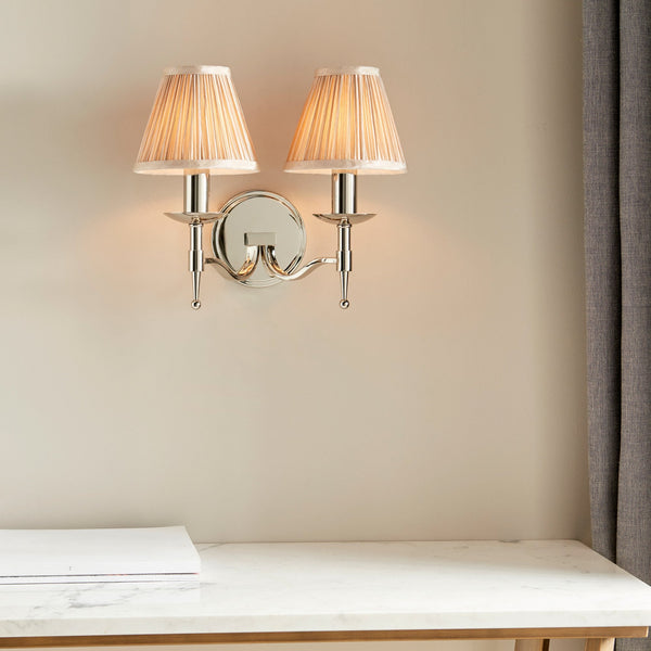 Stanford Twin Wall Light In Polished Nickel With Beige Fabric Shade