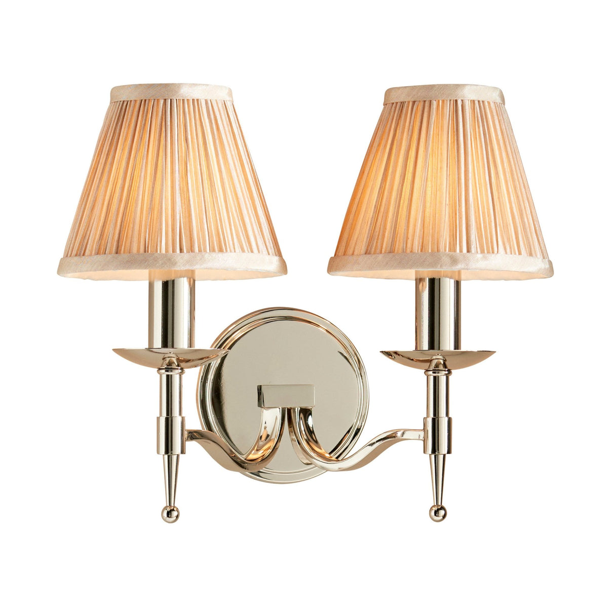 Stanford Twin Wall Light In Polished Nickel With Beige Fabric Shade