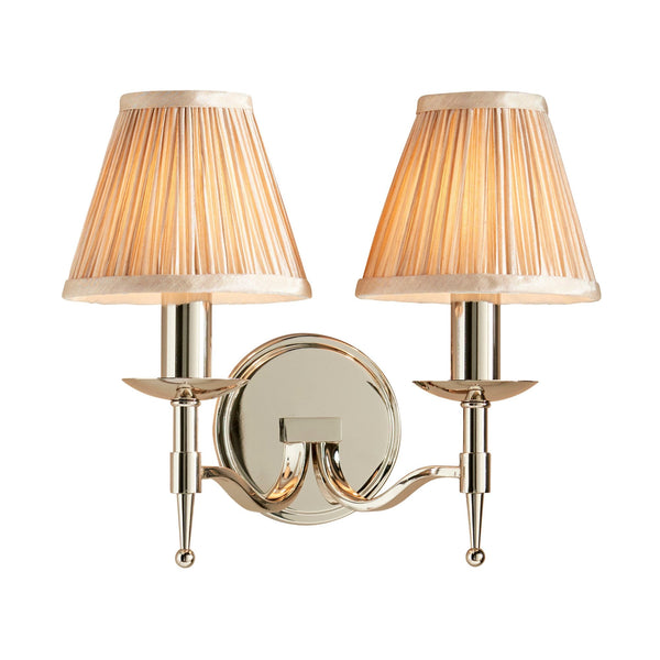 Stanford Twin Wall Light In Polished Nickel With Beige Fabric Shade