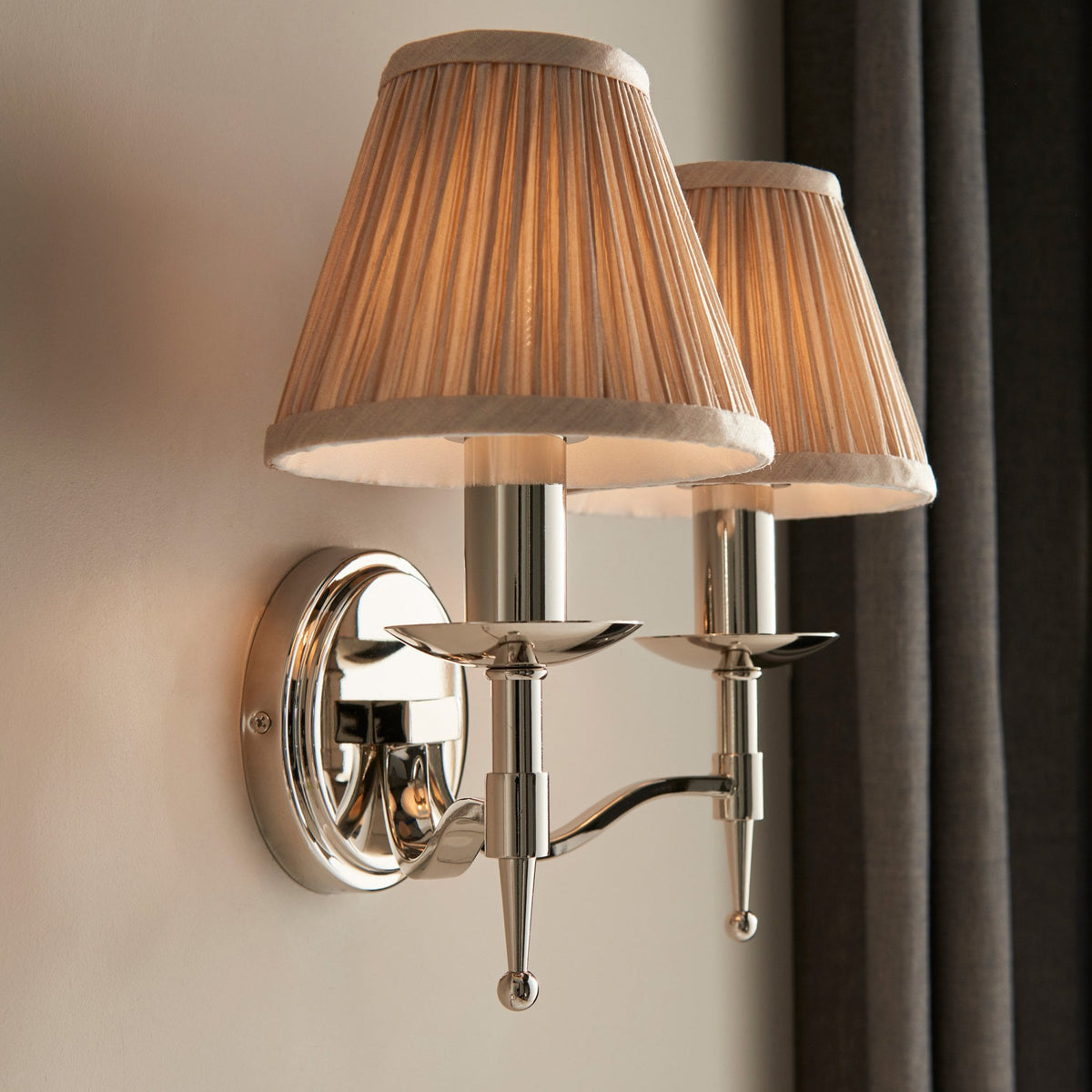 Stanford Twin Wall Light In Polished Nickel With Beige Fabric Shade