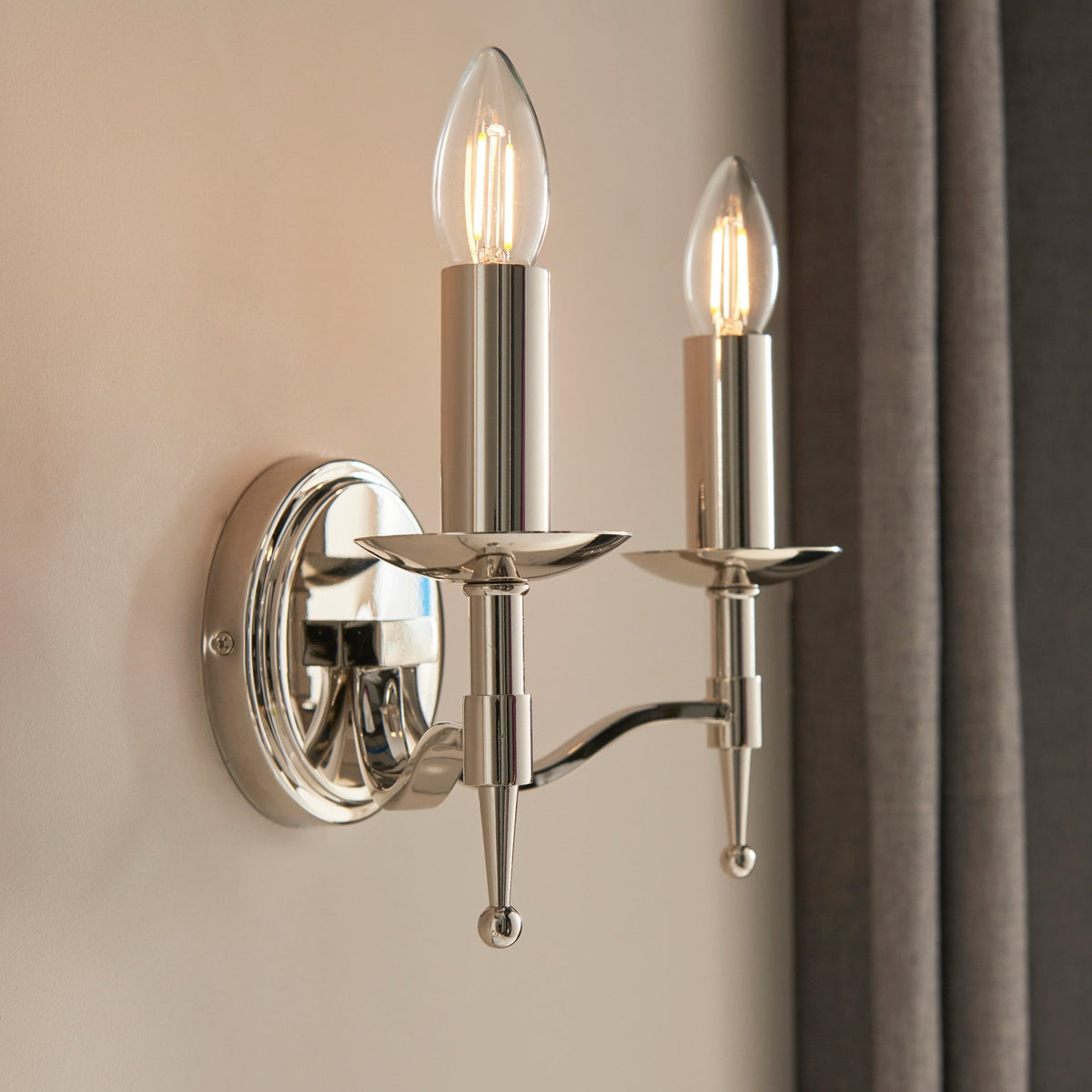 Stanford Twin Wall Light In Polished Nickel With Beige Fabric Shade