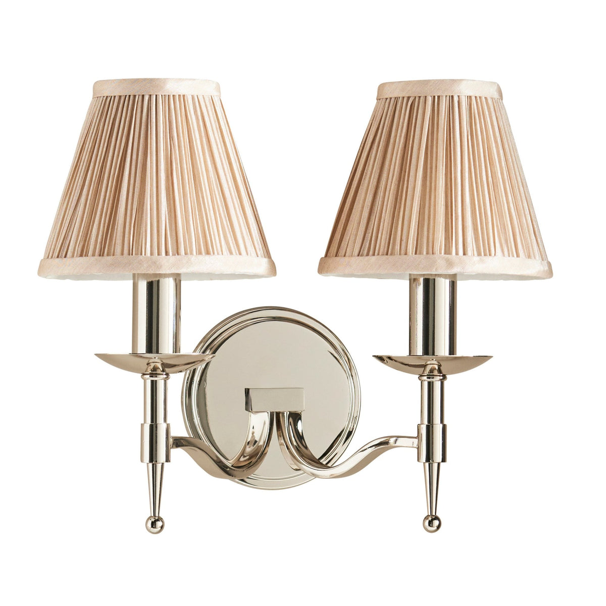 Stanford Twin Wall Light In Polished Nickel With Beige Fabric Shade