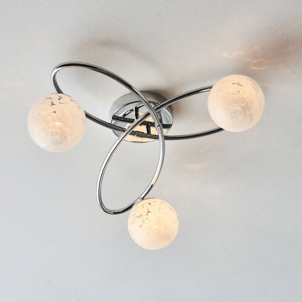 Maye Triple Lamp Ceiling Light in Polished Chrome with White Confetti Glass Shades
