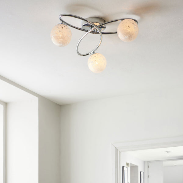 Maye Triple Lamp Ceiling Light in Polished Chrome with White Confetti Glass Shades