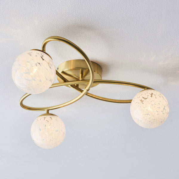 Maye Triple Lamp Ceiling Light in Satin Brass with White Confetti Glass Shades
