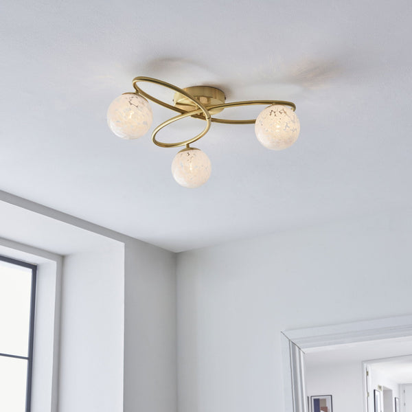 Maye Triple Lamp Ceiling Light in Satin Brass with White Confetti Glass Shades