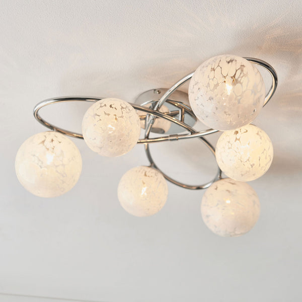 Maye Six Lamp Ceiling Light in Polished Chrome with White Confetti Glass Shades