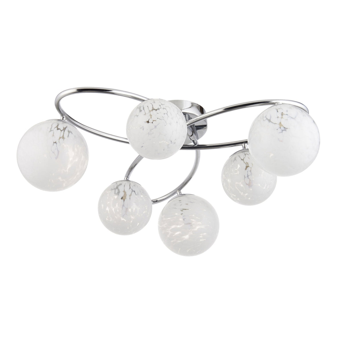 Six-light ceiling fitting with chrome finish and white speckled glass shades on a white background.