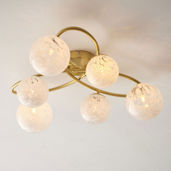 Maye Six Lamp Ceiling Light in Satin Brass with White Confetti Glass Shades