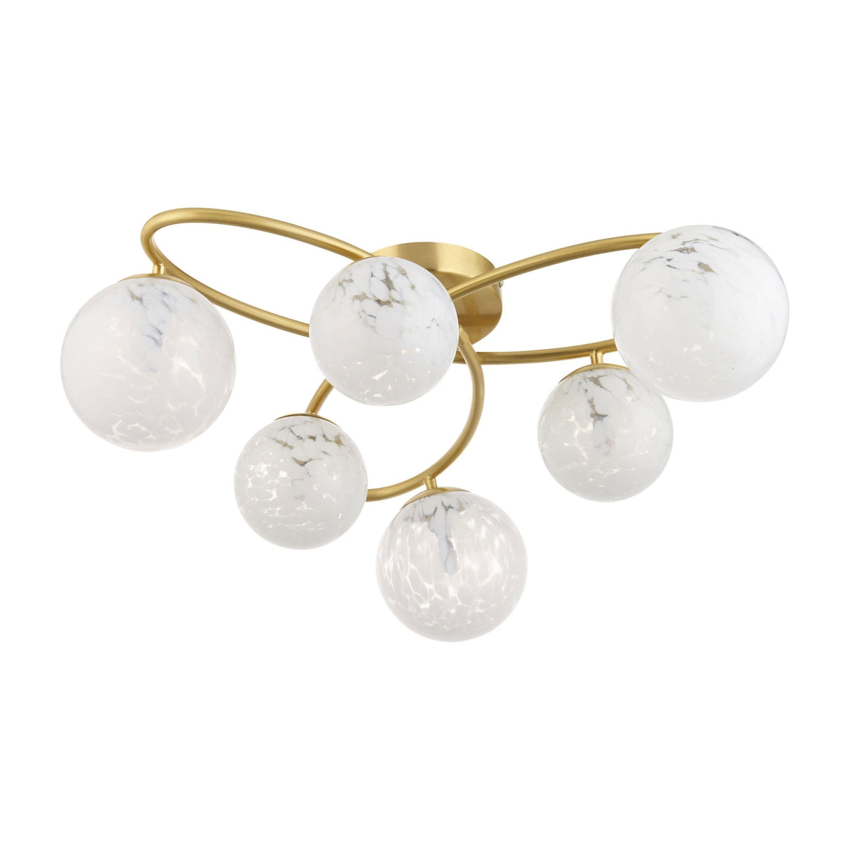 Gold ceiling light with six white speckled glass globes on a white background.