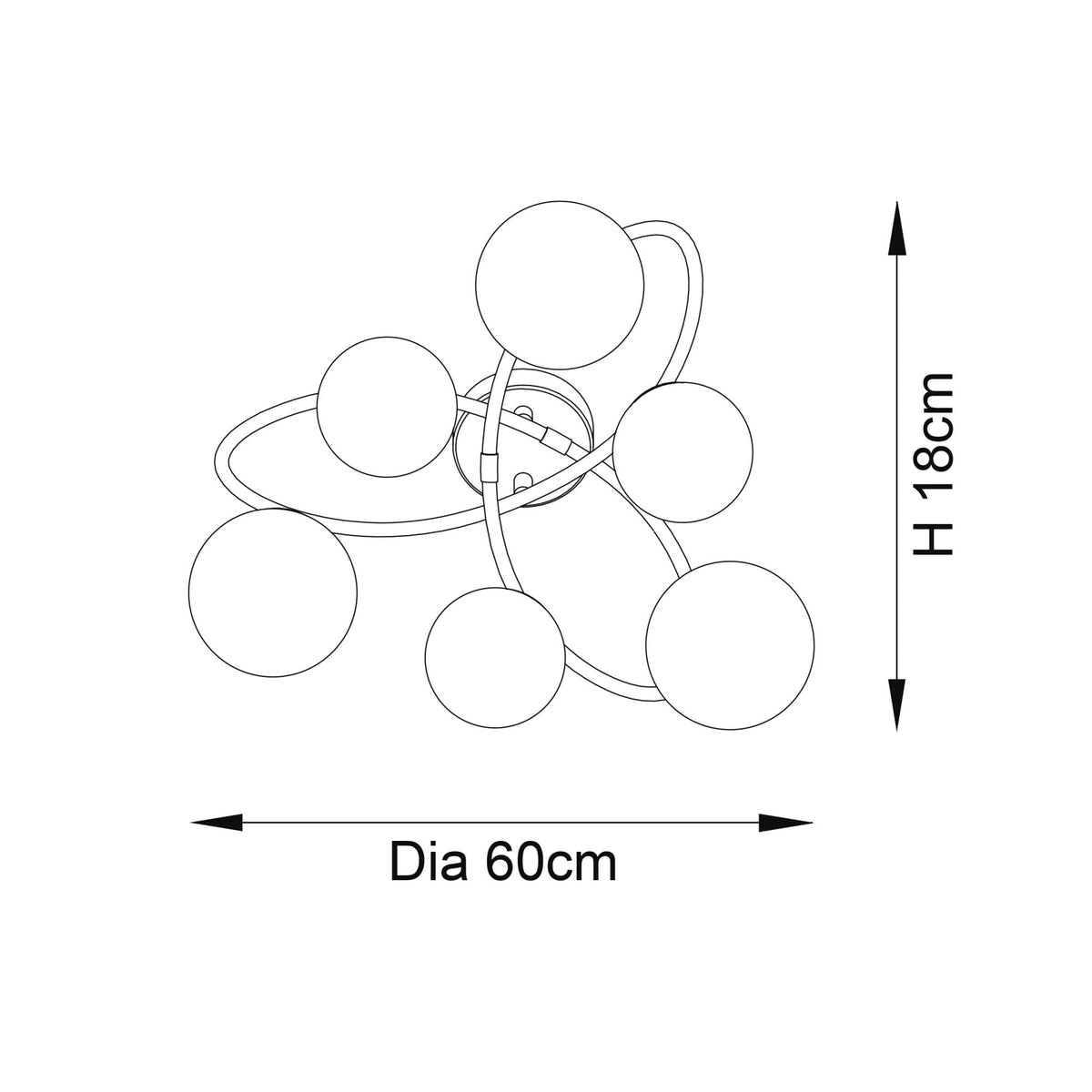 Line drawing of a ceiling light with six globes, showing dimensions: 18cm height, 60cm diameter.