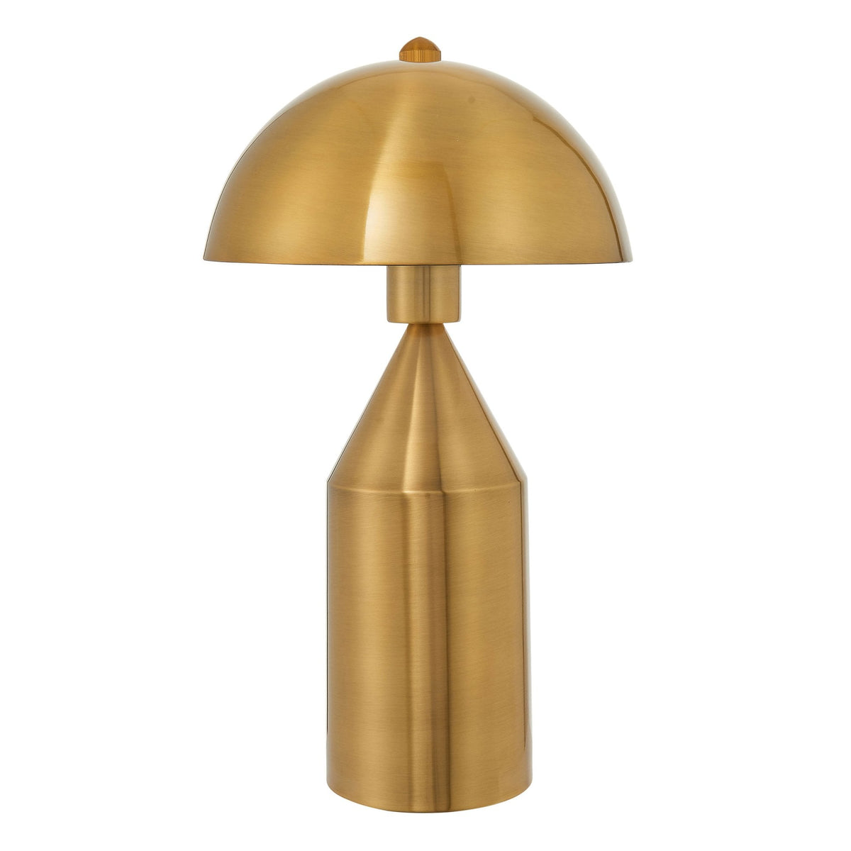A gold table lamp with a mushroom-shaped shade and a cylindrical base on a white background.