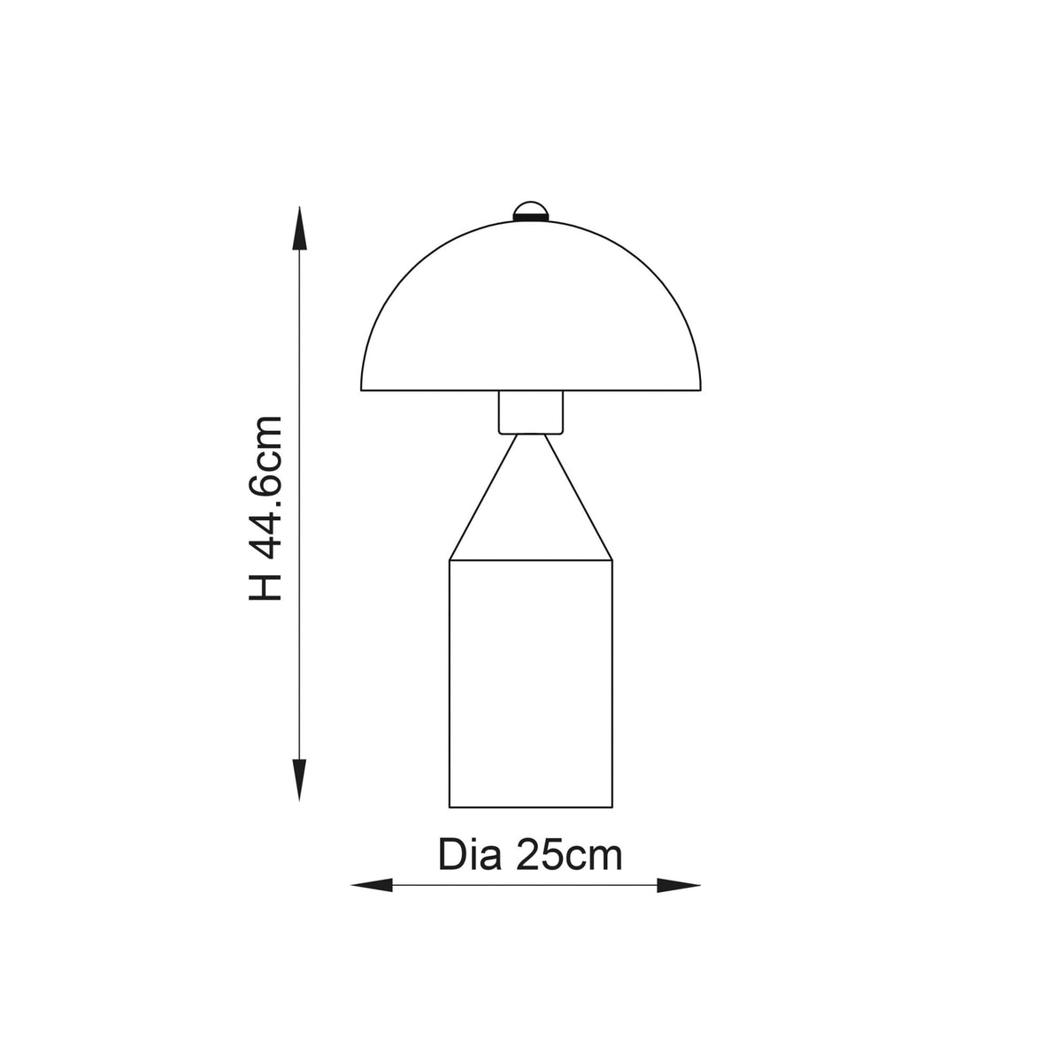 Line drawing of a table lamp with dimensions: height 44.6cm, diameter 25cm.