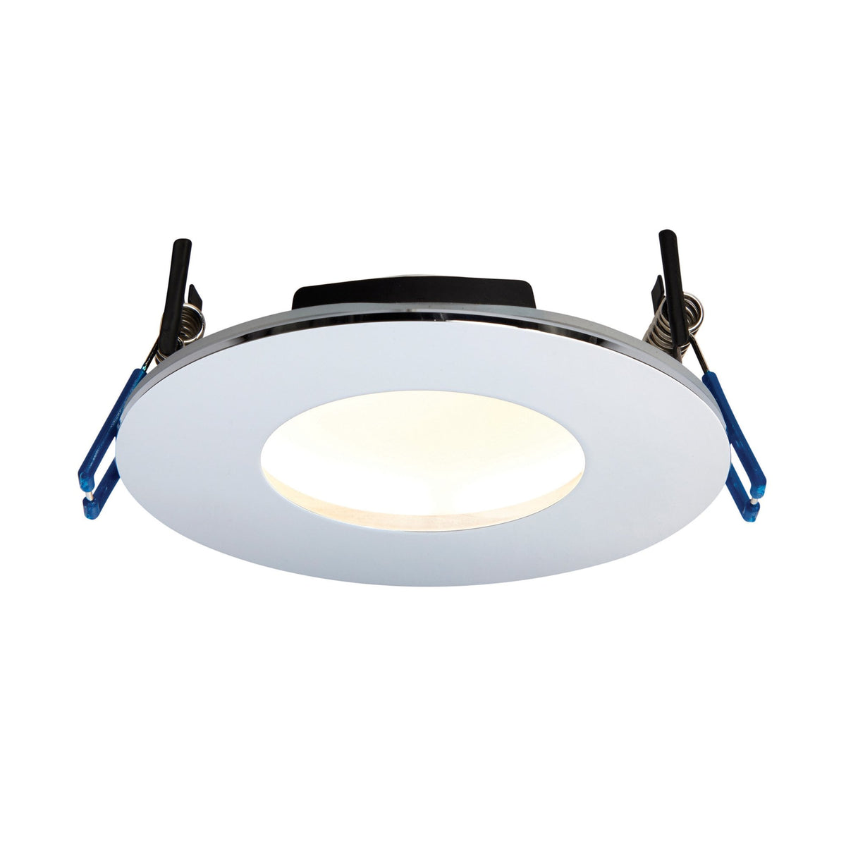 A round chrome recessed light fitting with a warm white glow, designed for ceiling installation.